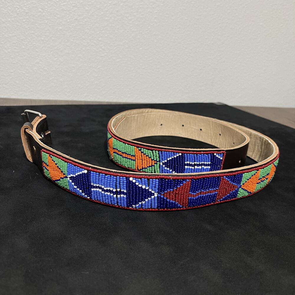 Vintage Hand Beaded Leather Western Belt 38 Smather Navajo Native Pattern Buckle